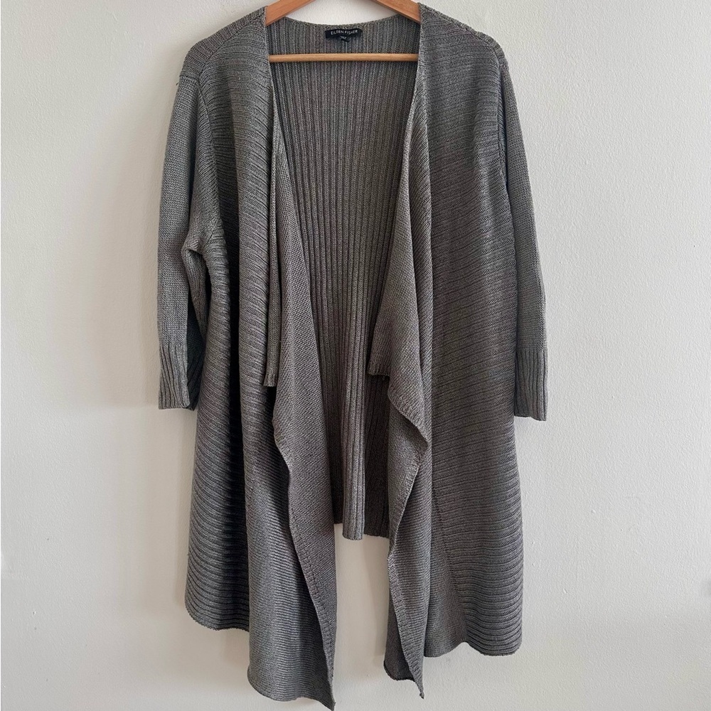 Eileen Fisher Linen Silk longline open front ribbed knit cardigan in silver XL